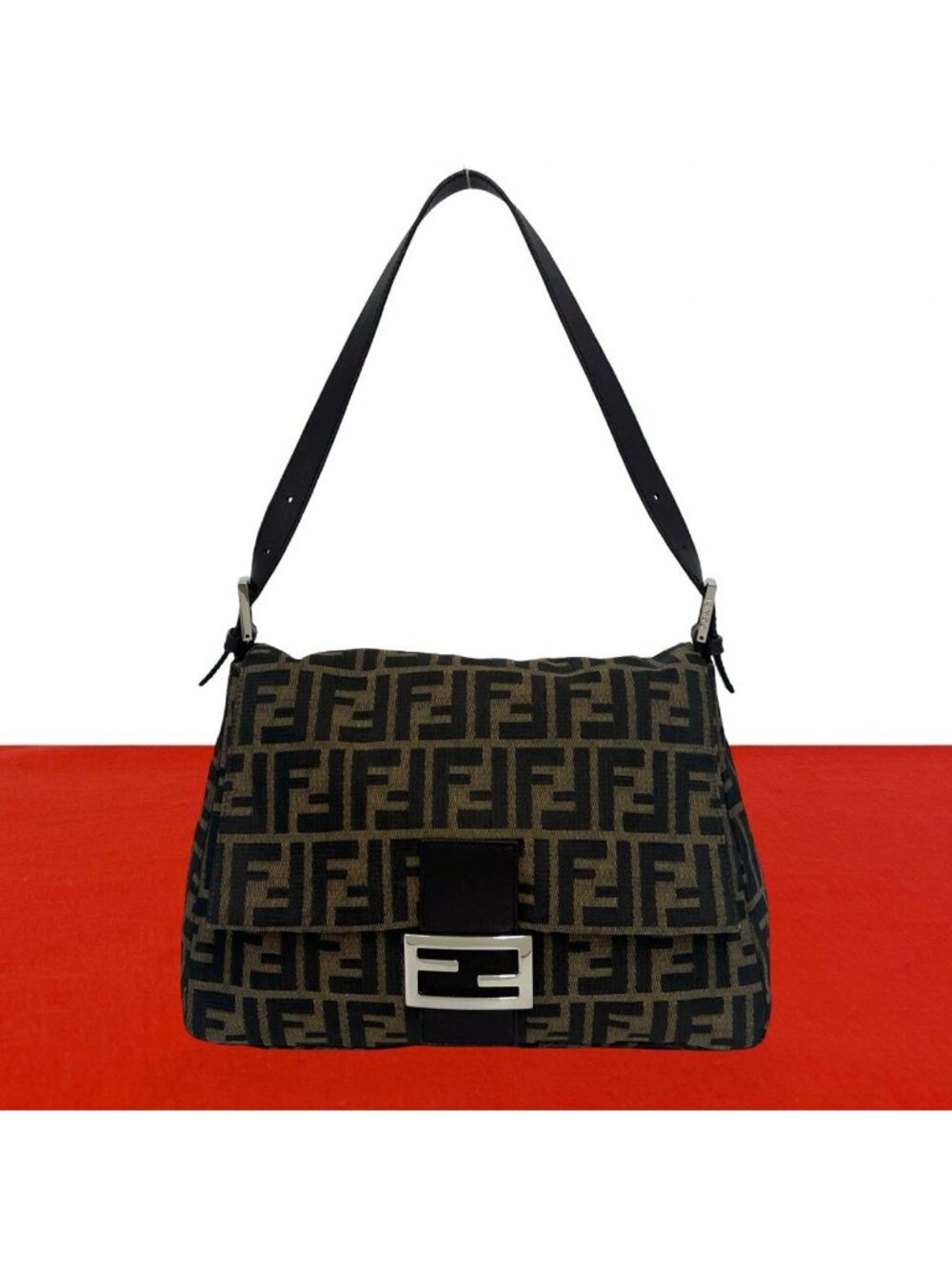 Fendi Mamma Bucket Zucca FF Logo Pattern Canvas Leather Shoulder Bag Brown